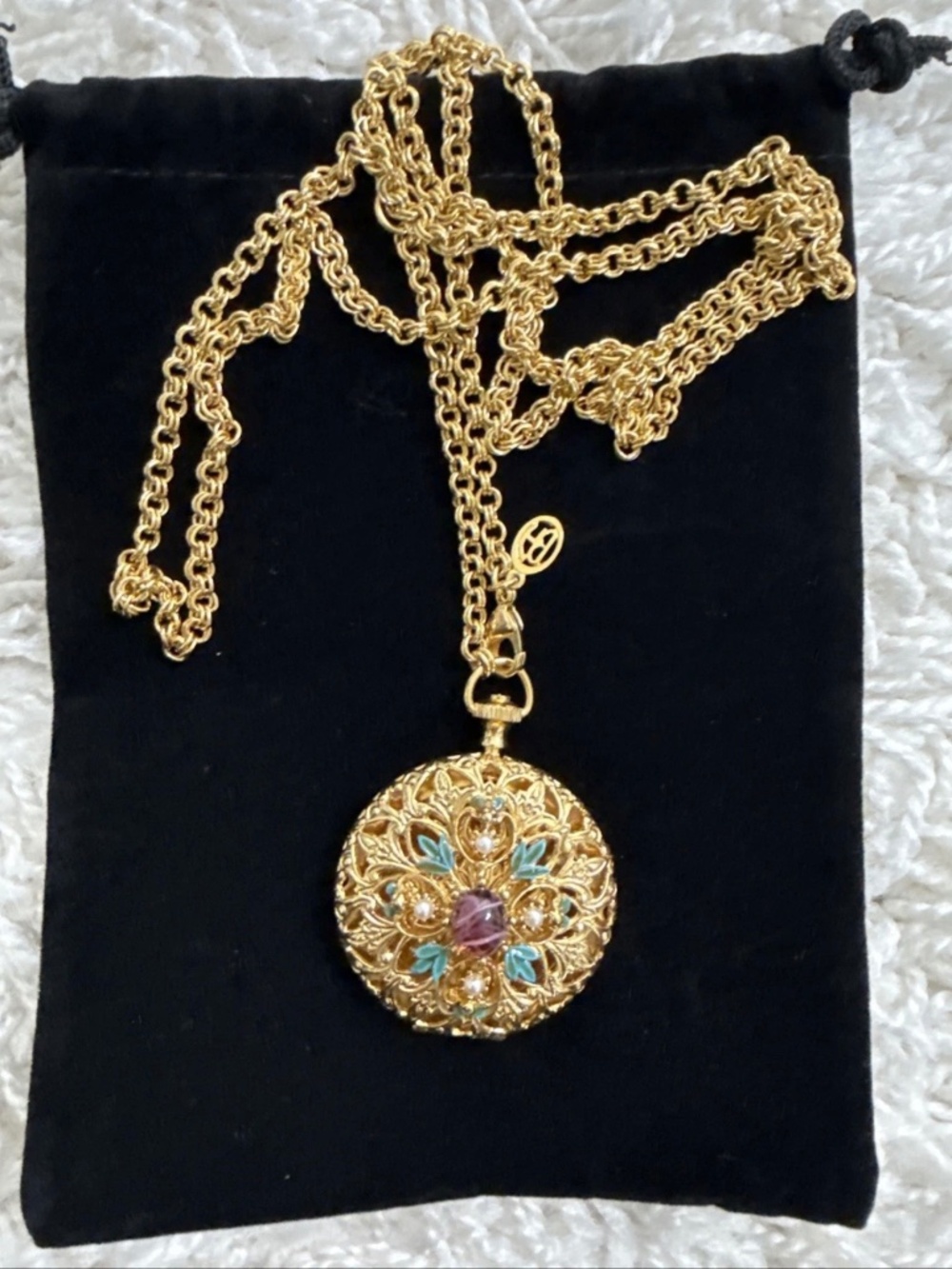 Ben Amun Faux Pearl Resin Enamel Locket Necklace 36-39" Double Link Gold Chain